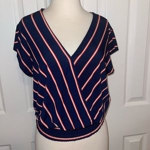 Blue white red striped shirt